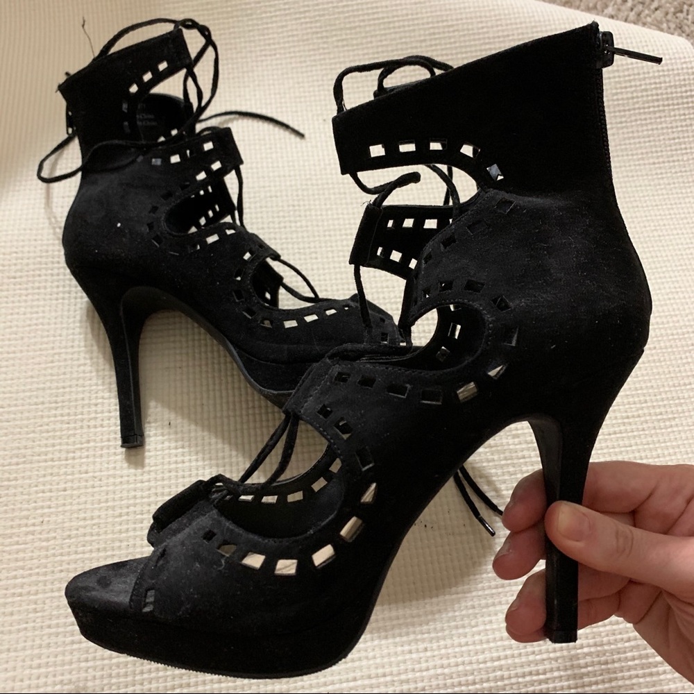Black lace-up cutout stiletto heels - Picture 1 of 5